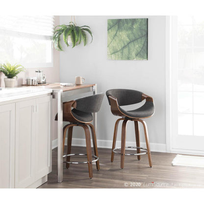 Walnut Wood, Charcoal Fabric, Chrome Curvini 24'' Counter Stool - Set of 2