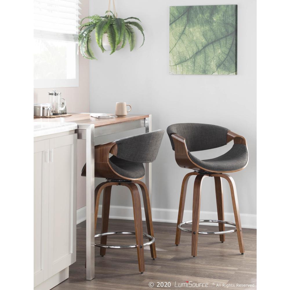 Walnut Wood, Charcoal Fabric, Chrome Curvini 24'' Counter Stool - Set of 2