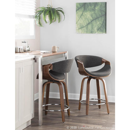 Walnut Wood, Charcoal Fabric, Chrome Curvini 24'' Counter Stool - Set of 2