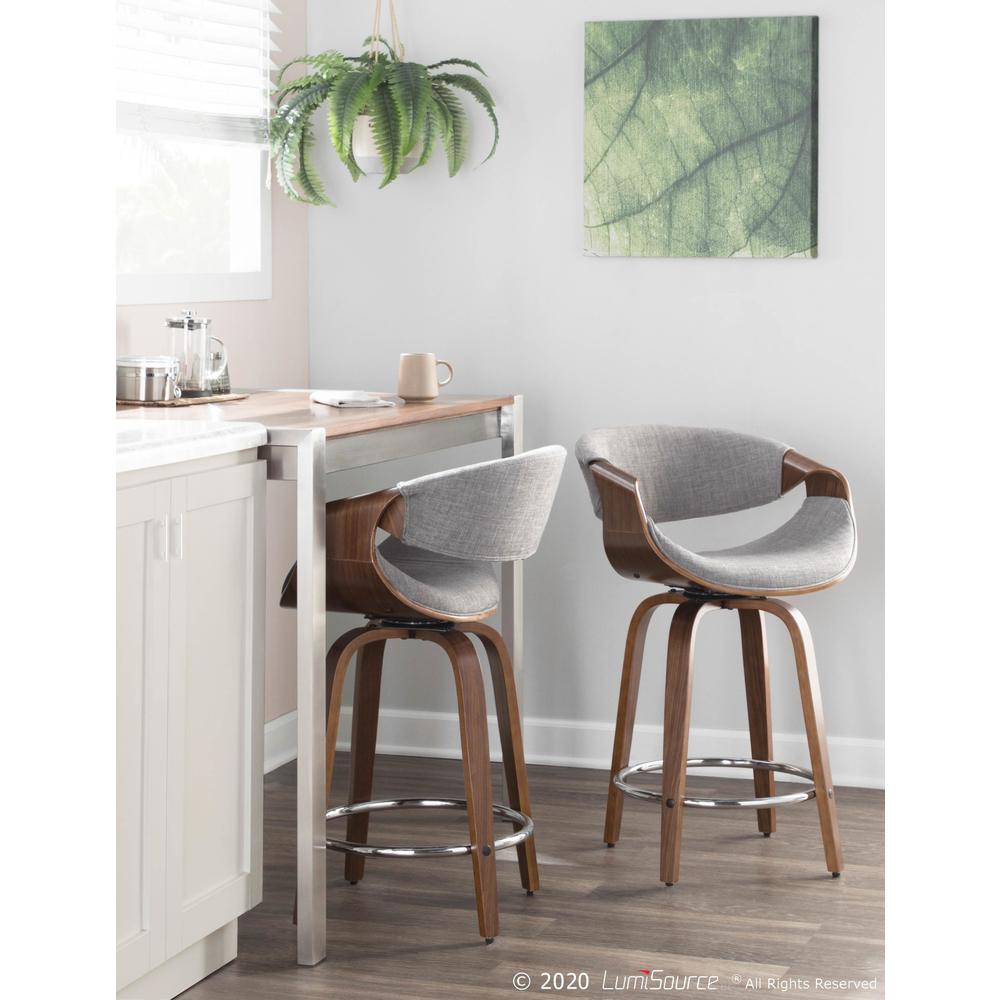 Walnut Wood, Light Grey Fabric, Chrome Curvini 24'' Counter Stool - Set of 2