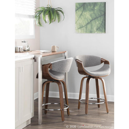 Walnut Wood, Light Grey Fabric, Chrome Curvini 24'' Counter Stool - Set of 2