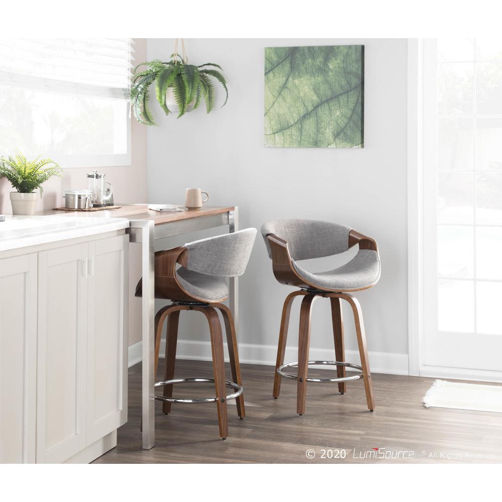 Walnut Wood, Light Grey Fabric, Chrome Curvini 24'' Counter Stool - Set of 2