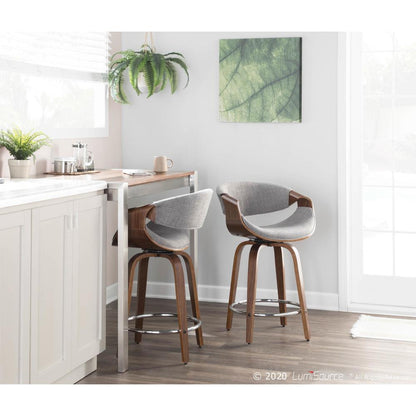 Walnut Wood, Light Grey Fabric, Chrome Curvini 24'' Counter Stool - Set of 2