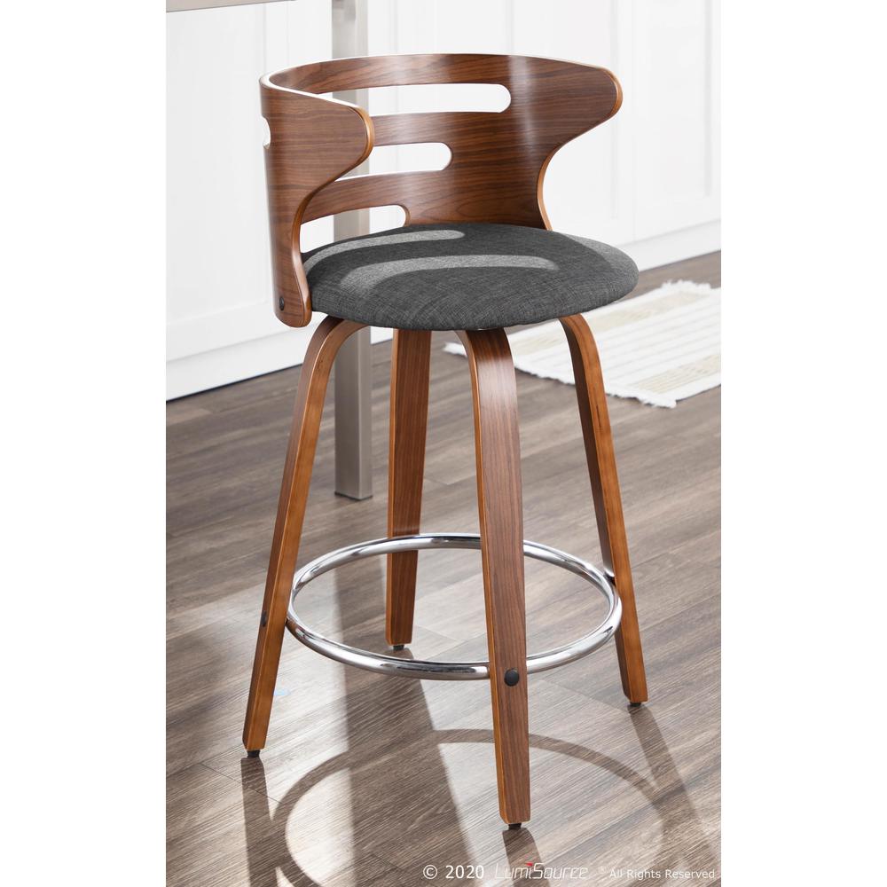 Walnut Wood, Charcoal Fabric, Chrome Cosini Counter Stool - Set of 2