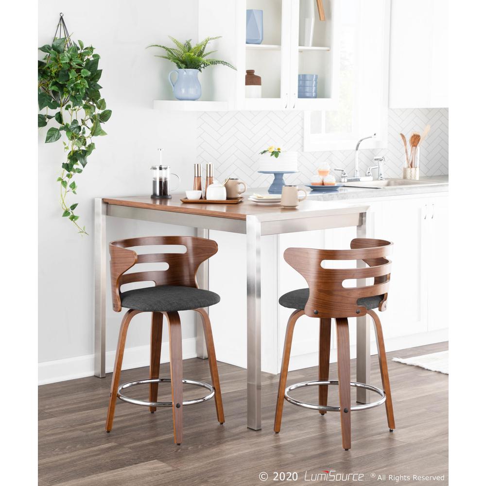 Walnut Wood, Charcoal Fabric, Chrome Cosini Counter Stool - Set of 2