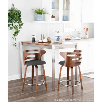 Walnut Wood, Charcoal Fabric, Chrome Cosini Counter Stool - Set of 2