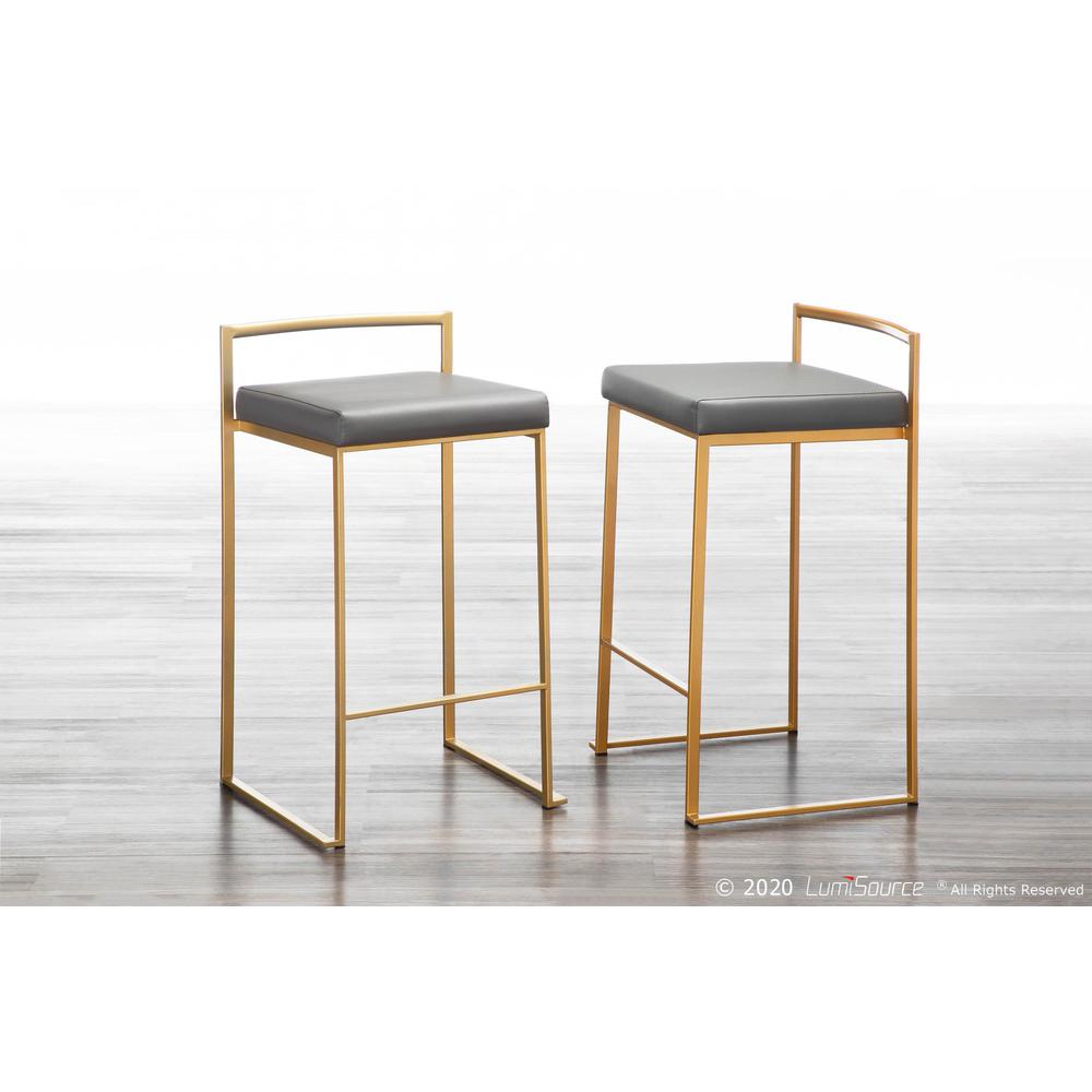 Gold Metal, Grey PU Fuji Stacker Counter Stool - Set of 2