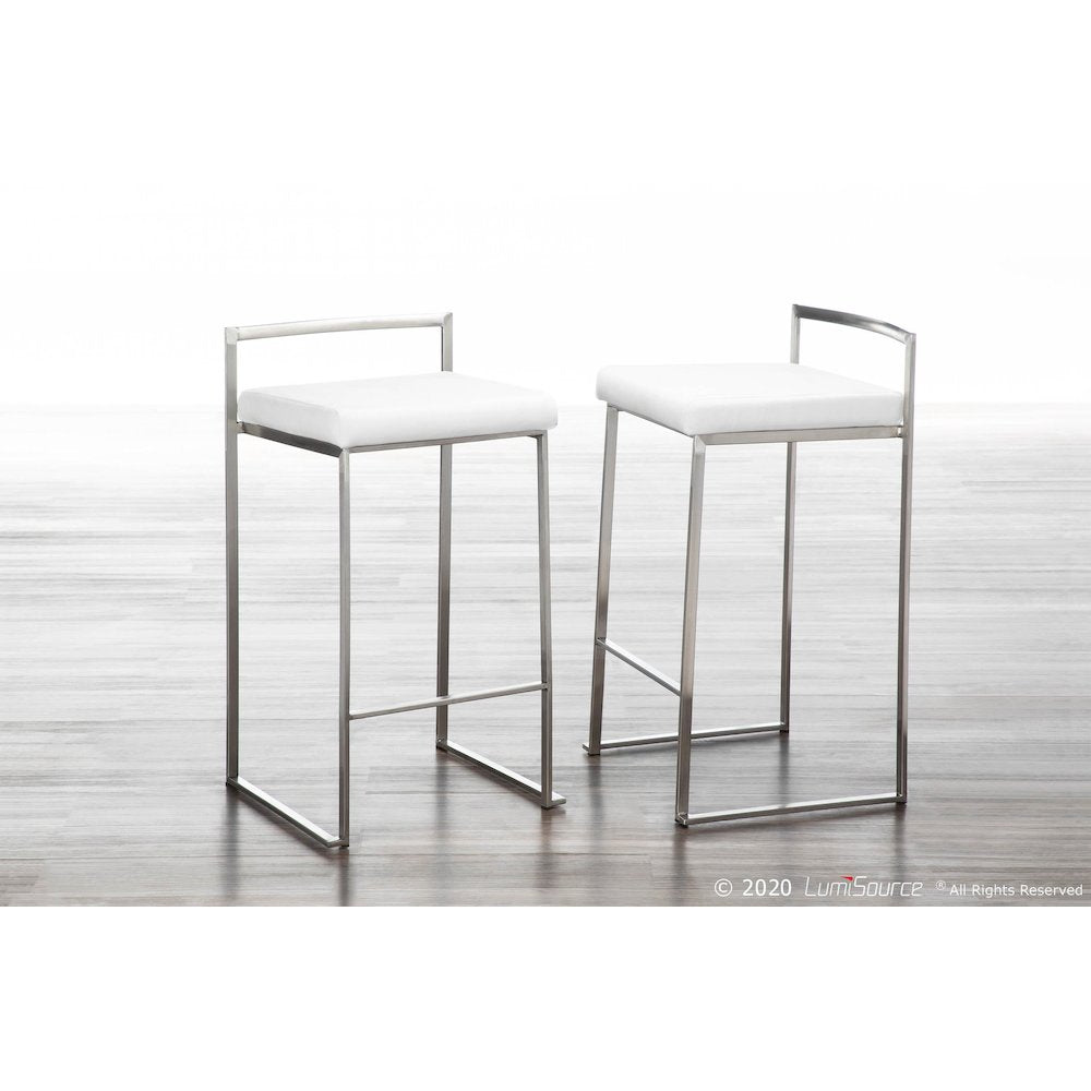 Brushed Stainless Steel, White Velvet Fuji Stacker Counter Stool - Set of 2