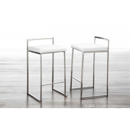 Brushed Stainless Steel, White Velvet Fuji Stacker Counter Stool - Set of 2
