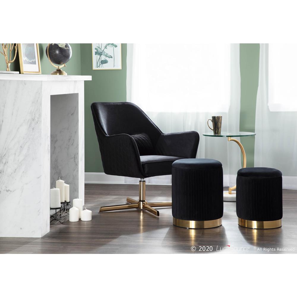 Gold Metal, Black Velvet Marla Nesting Pleated Ottoman Set