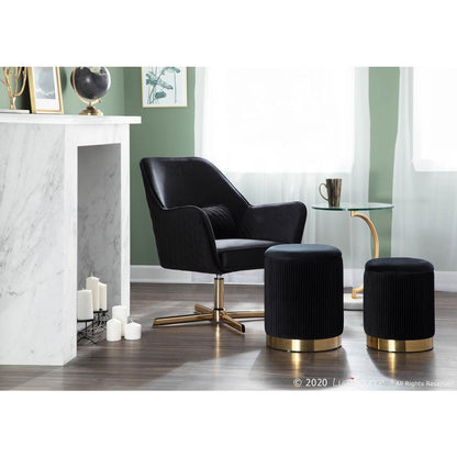 Gold Metal, Black Velvet Marla Nesting Pleated Ottoman Set