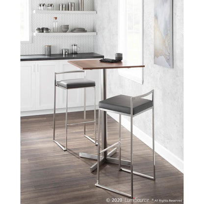 Brushed Stainless Steel, Grey PU Fuji Stacker Barstool - Set of 2