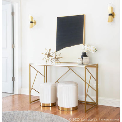 Gold Metal, Cream Velvet Marla Nesting Pleated Ottoman Set