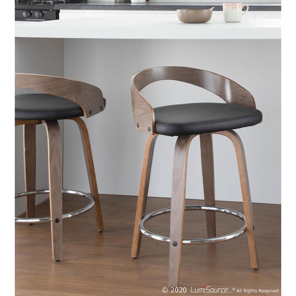 Light Grey Wood, Black PU, Chrome Grotto Counter Stool - Set of 2