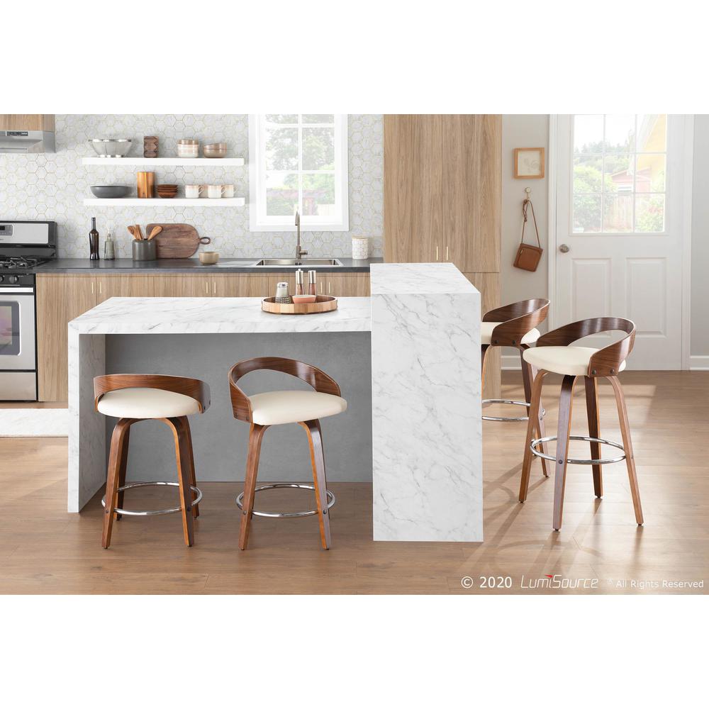 Walnut Wood, Cream Pu, Chrome Grotto Barstool - Set of 2