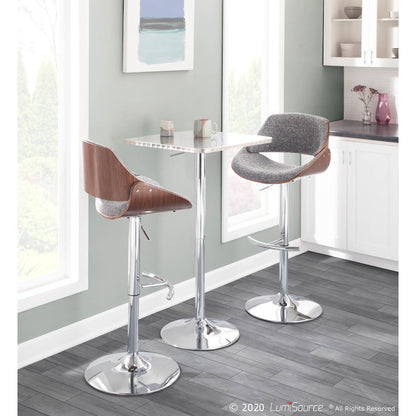 Chrome, Walnut Wood, Grey Noise Fabric Fabrizzi Adjustable Barstool - Set of 2