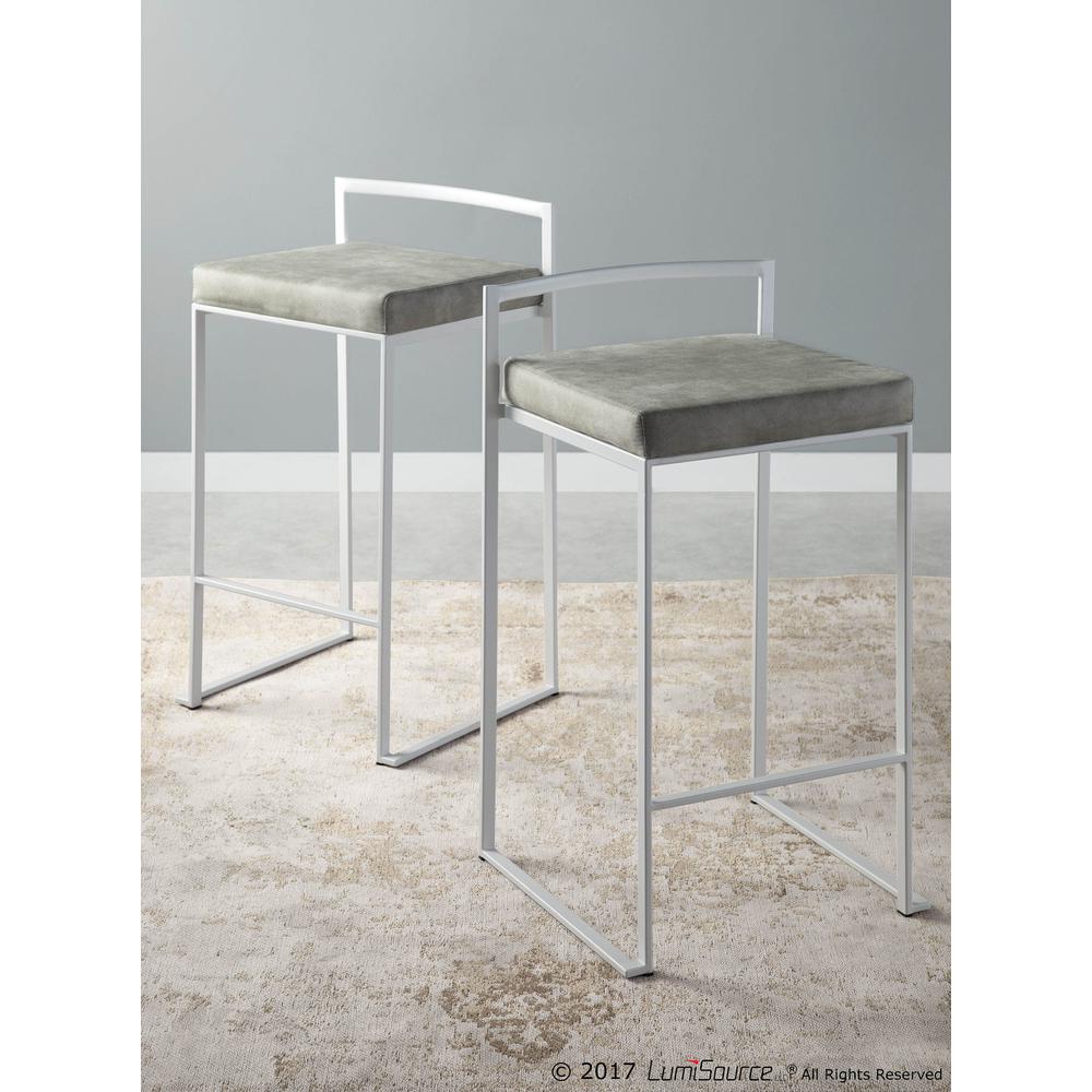 White, Light Grey Cowboy Fabric Fuji Stacker Counter Stool - Set of 2
