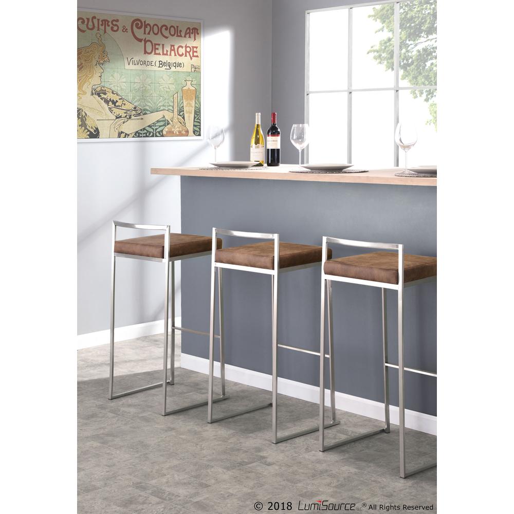 Stainless Steel, Brown Cowboy Fabric Fuji Stacker Barstool - Set of 2