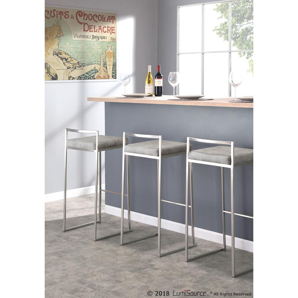 Stainless Steel, Light Grey Cowboy Fabric Fuji Stacker Barstool - Set of 2