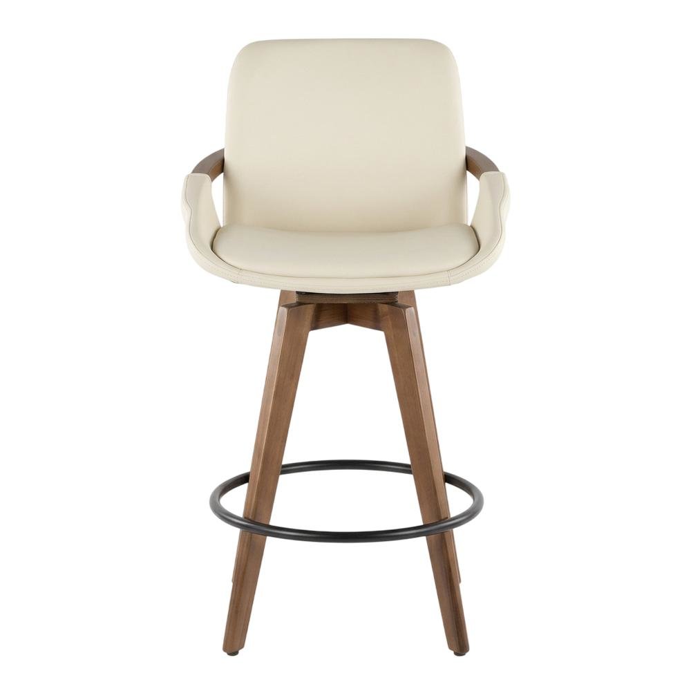 Mid-Century Counter Stool in Walnut and Cream Faux Leather with Armrests