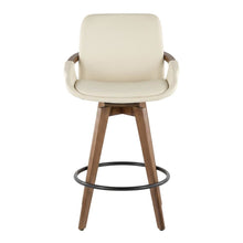 Mid-Century Counter Stool in Walnut and Cream Faux Leather with Armrests
