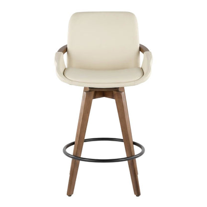 Mid-Century Counter Stool in Walnut and Cream Faux Leather with Armrests