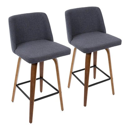 Toriano Mid-Century Modern Counter Stool in Walnut and Blue Fabric - Set of 2
