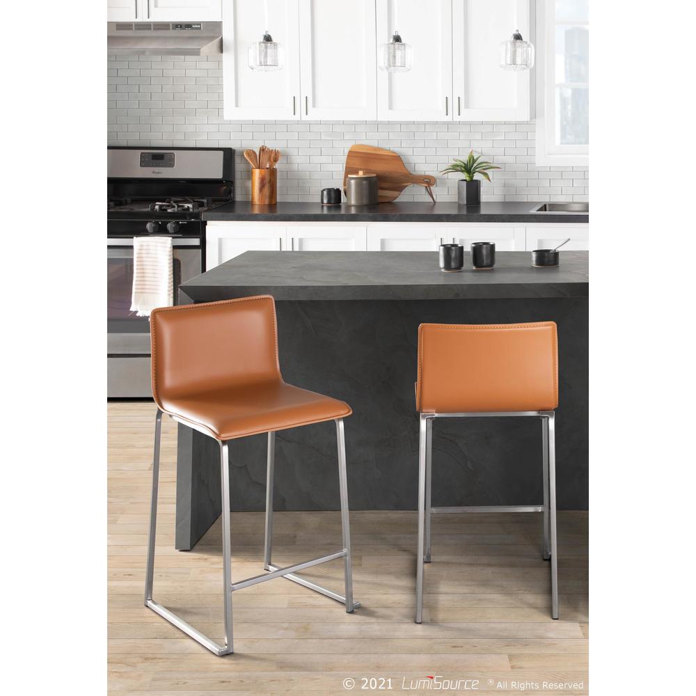Stainless Steel, Camel PU Mara Counter Stool - Set of 2