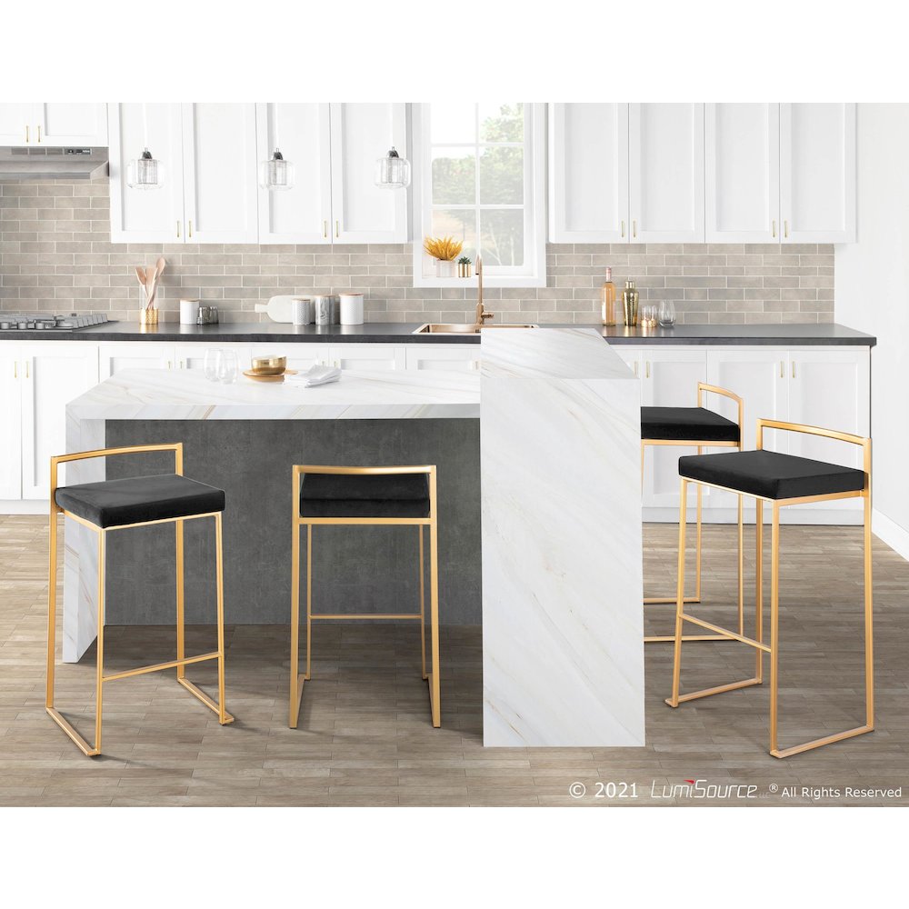 Gold Metal, Black Velvet Fuji Stacker Barstool - Set of 2