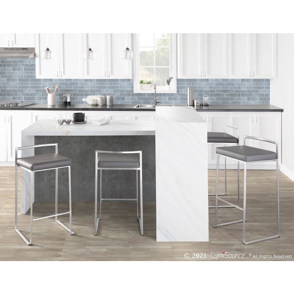 Brushed Stainless Steel, Grey PU Fuji Stacker Barstool - Set of 2