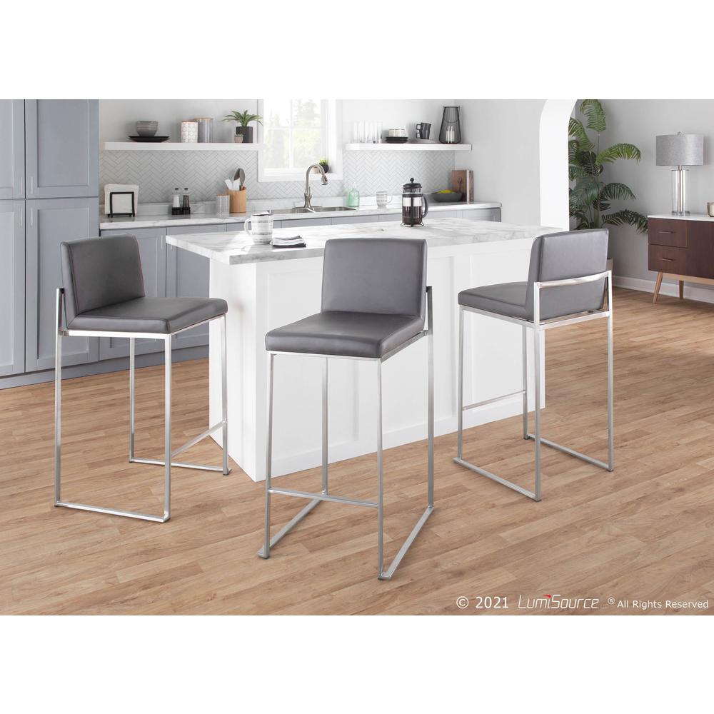Stainless Steel, Grey PU Fuji High Back Counter Stool - Set of 2