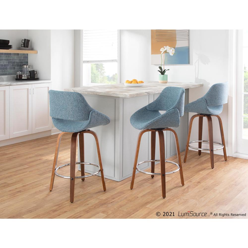 Walnut Wood, Blue Fabric, Chrome Fabrico Counter Stool - Set of 2