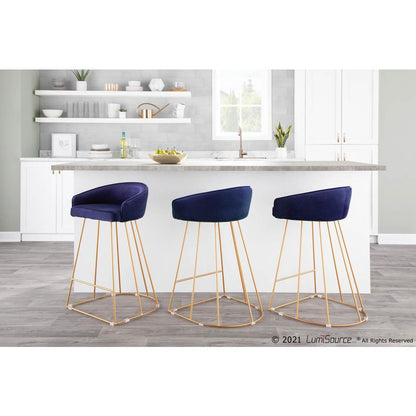 Gold Metal, Blue Velvet Canary Counter Stool - Set of 2