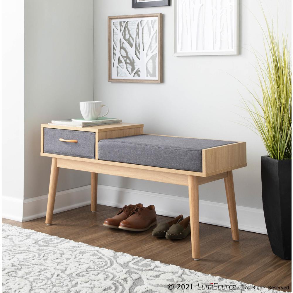 Natural Wood, Grey Fabric Telephone Bench