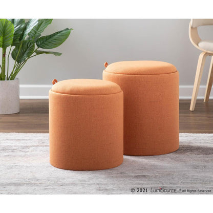 Orange Fabric, Natural Wood Tray Nesting Ottoman Set