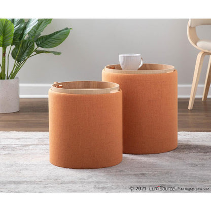 Orange Fabric, Natural Wood Tray Nesting Ottoman Set