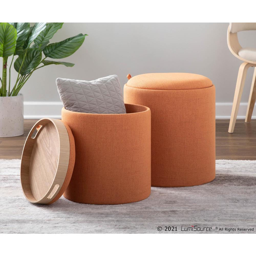 Orange Fabric, Natural Wood Tray Nesting Ottoman Set