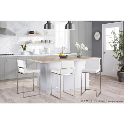 Stainless Steel, White PU Fuji High Back Counter Stool - Set of 2