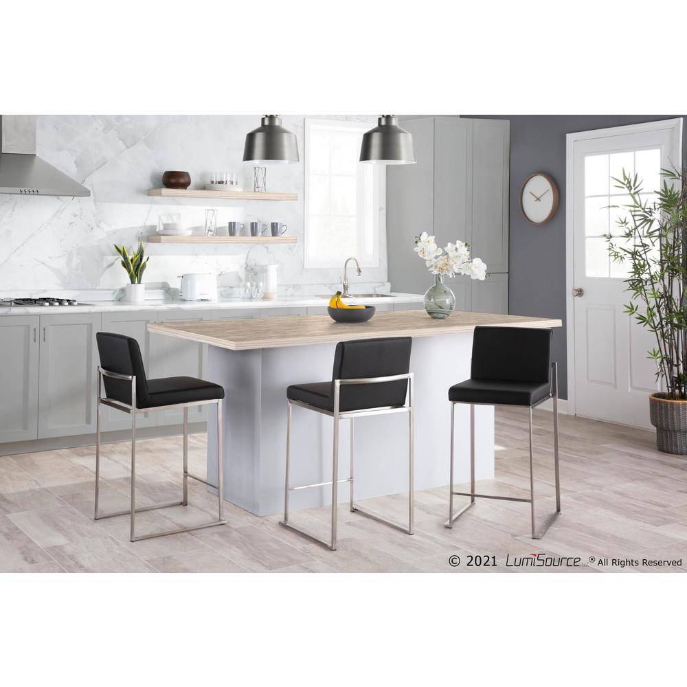 Stainless Steel, Black PU Fuji High Back Counter Stool - Set of 2