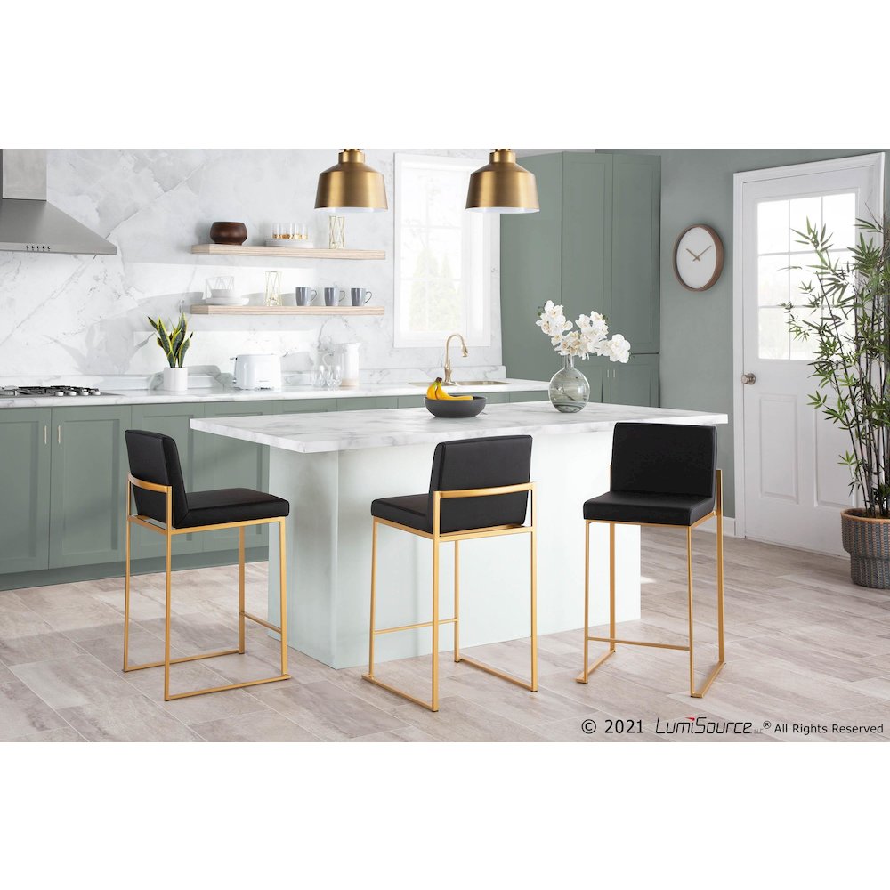 Gold Steel, Black PU Fuji High Back Counter Stool - Set of 2
