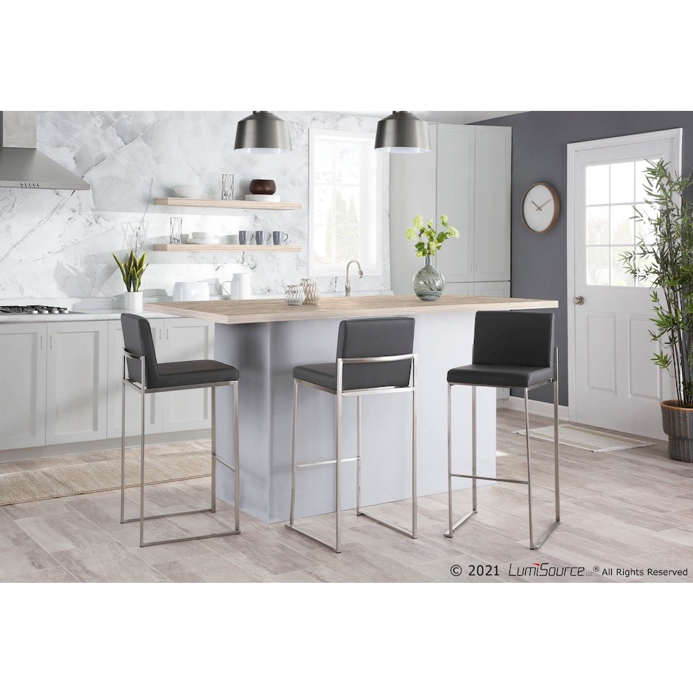 Stainless Steel, Grey PU Fuji High Back Barstool - Set of 2