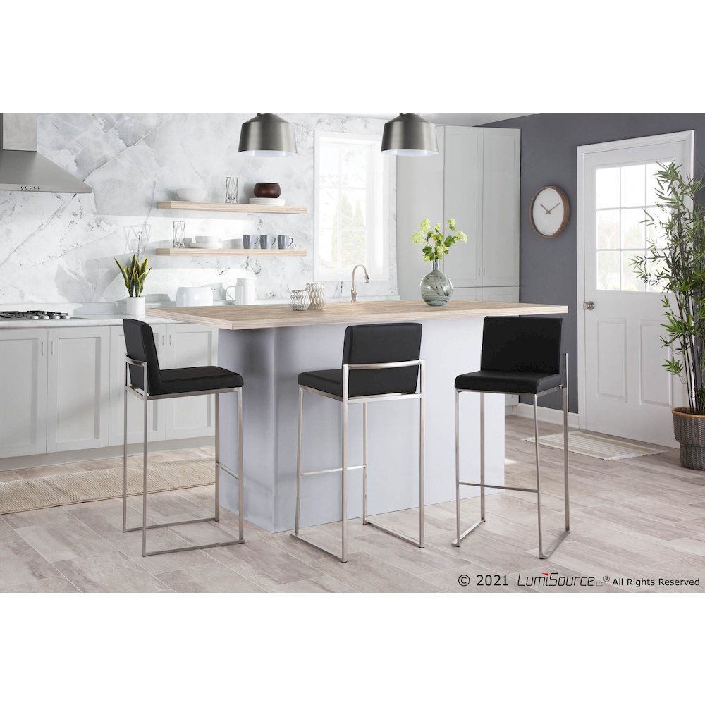 Stainless Steel, Black PU Fuji High Back Barstool - Set of 2