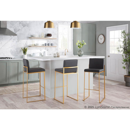 Gold Steel, Grey PU Fuji High Back Barstool - Set of 2