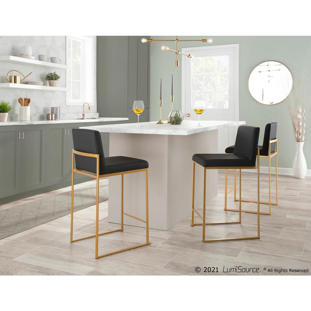 Gold Steel, Black PU Fuji High Back Counter Stool - Set of 2