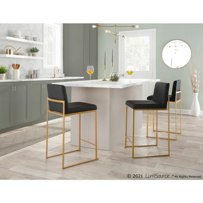 Gold Steel, Black PU Fuji High Back Counter Stool - Set of 2