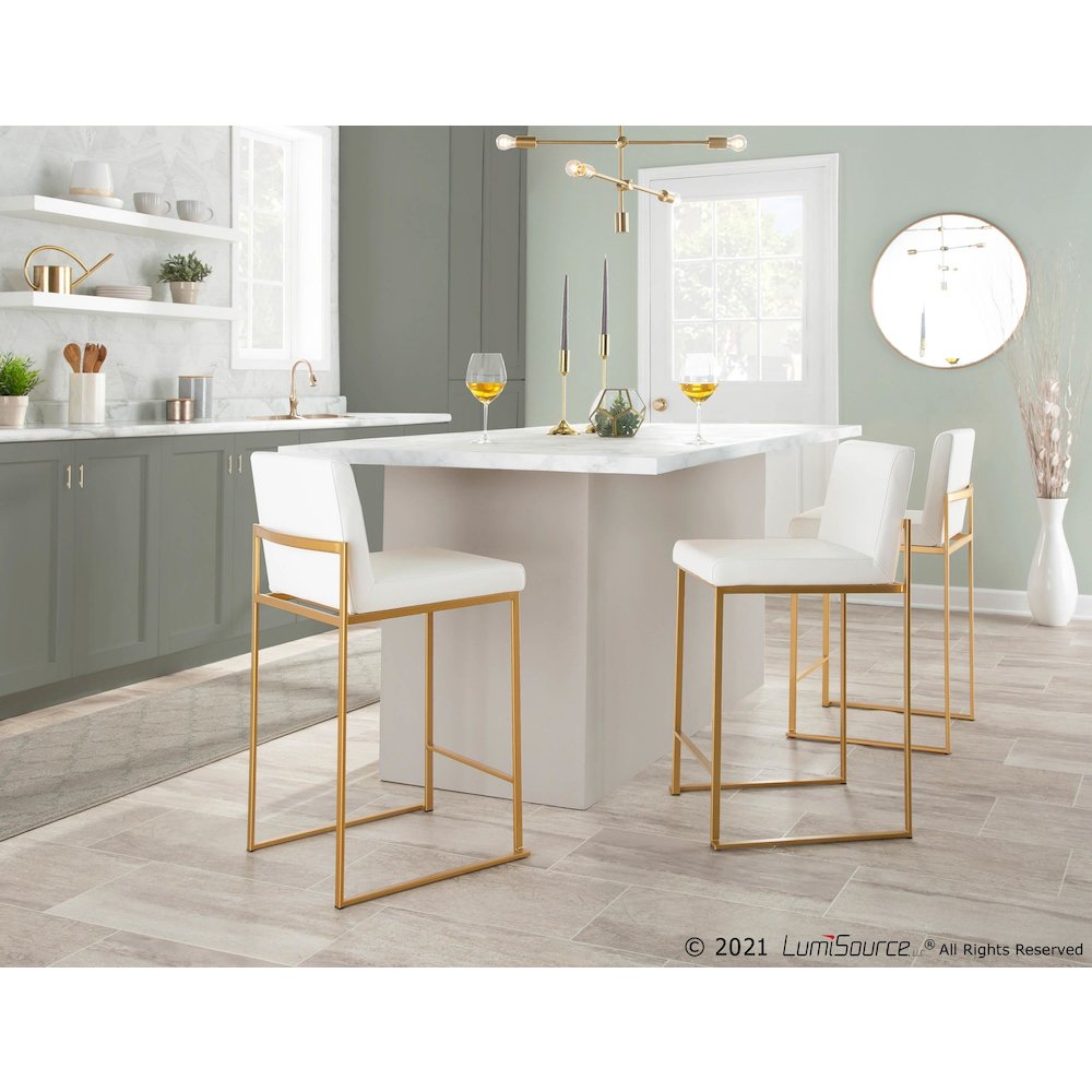 Gold Steel, White PU Fuji High Back Counter Stool - Set of 2