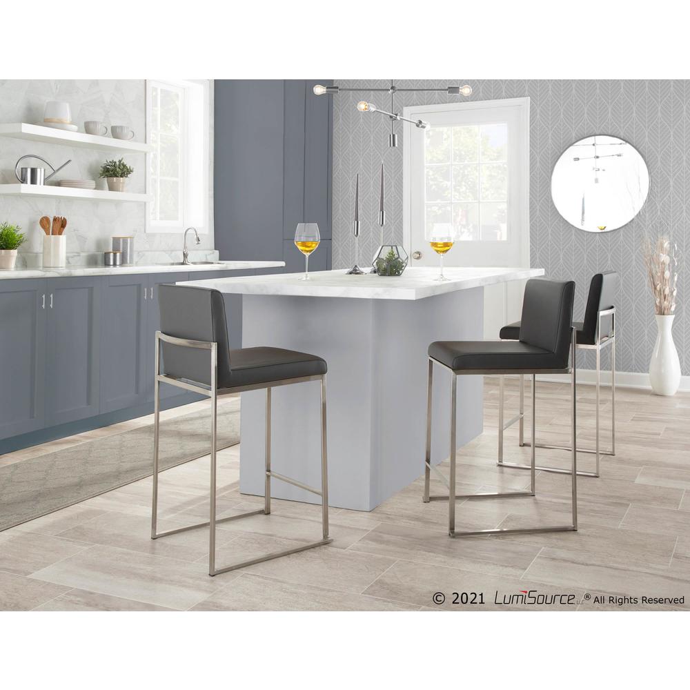 Stainless Steel, Grey PU Fuji High Back Counter Stool - Set of 2