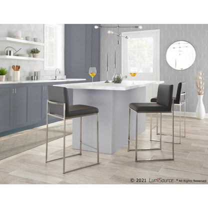 Stainless Steel, Grey PU Fuji High Back Counter Stool - Set of 2