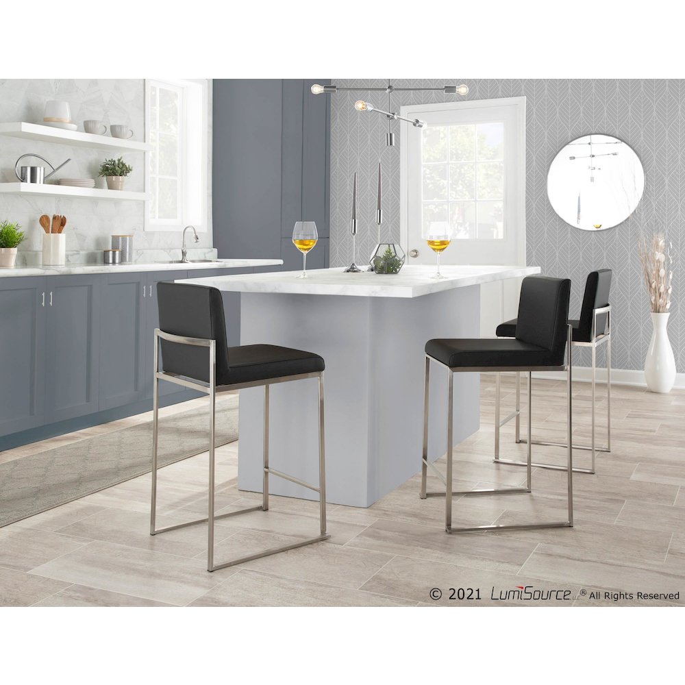 Stainless Steel, Black PU Fuji High Back Counter Stool - Set of 2
