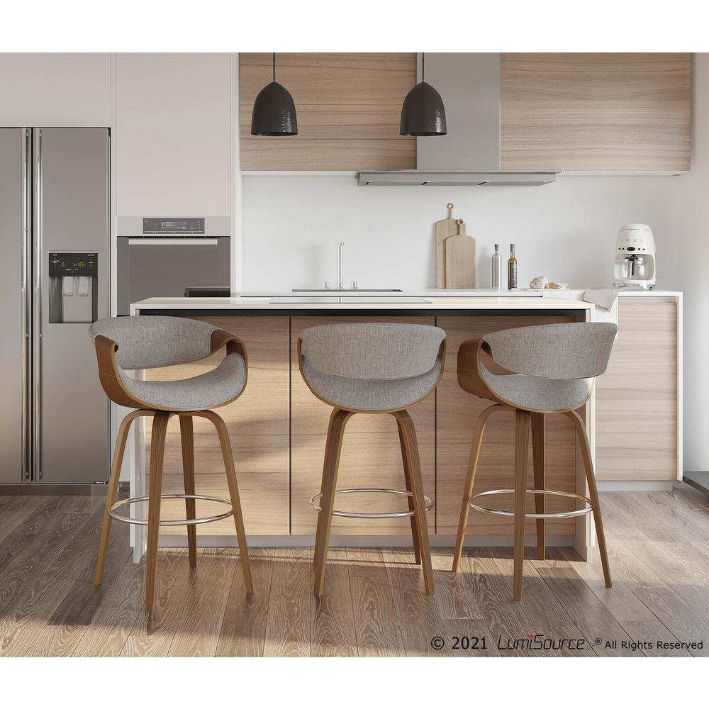 Walnut Wood, Grey Fabric, Chrome Curvini 30'' Fixed Height Barstool - Set of 2